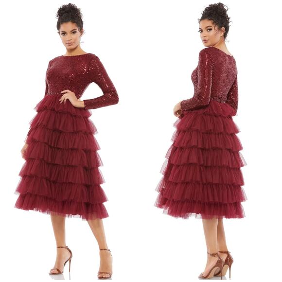 Mac Duggal 26299 Long Sleeve Ruffle Tiered Midi Dress Wine Red size 2